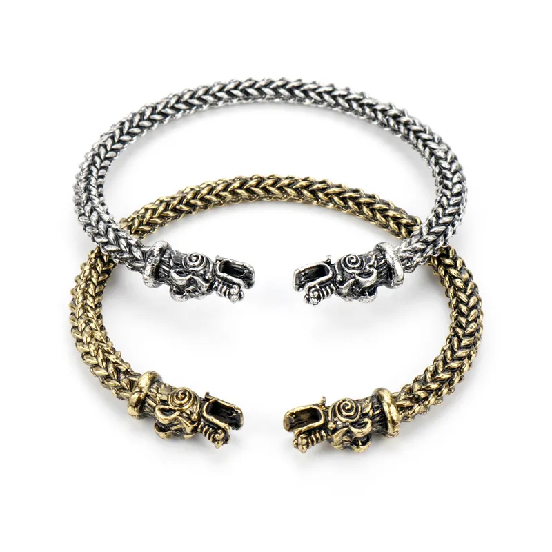 Viking Dragon Bracelet For Men Open Cuff Silver And Bronze Tone_voghion.com