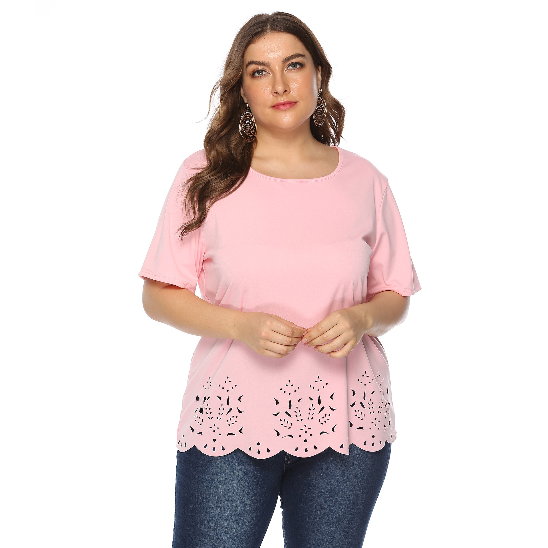 Women's tops large size women's clothing solid color burnt flower hollow wave edge casual short-sleeved T-shirt_voghion.com