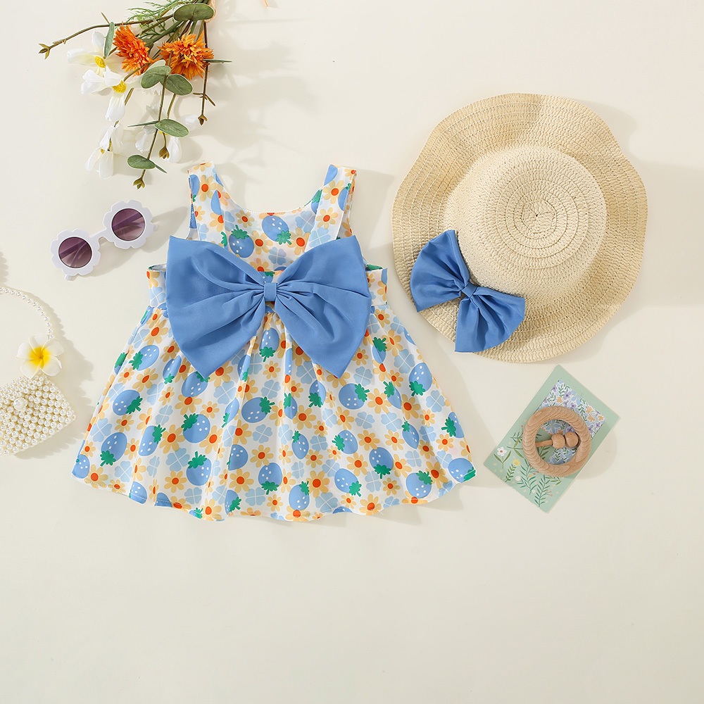 Robe d'été pour bébé avec nœud et fraise, jolie robe pour enfants, vêtements de plage pour enfants avec chapeau_voghion.com