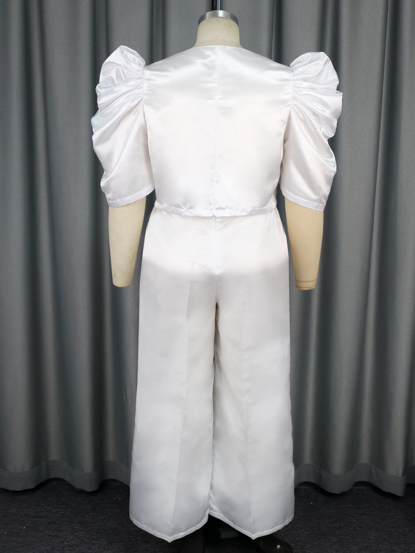 Women's solid color half-open collar top high waist wide leg pants suit large size female two-piece set_voghion.com