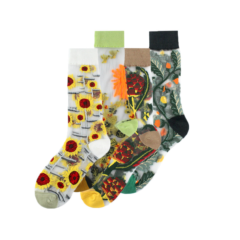 23 Spring/Summer Women's Thin Style Medium Tube Fashion Trendy Wind Flower Dorsen Series Glass Silk Socks_voghion.com