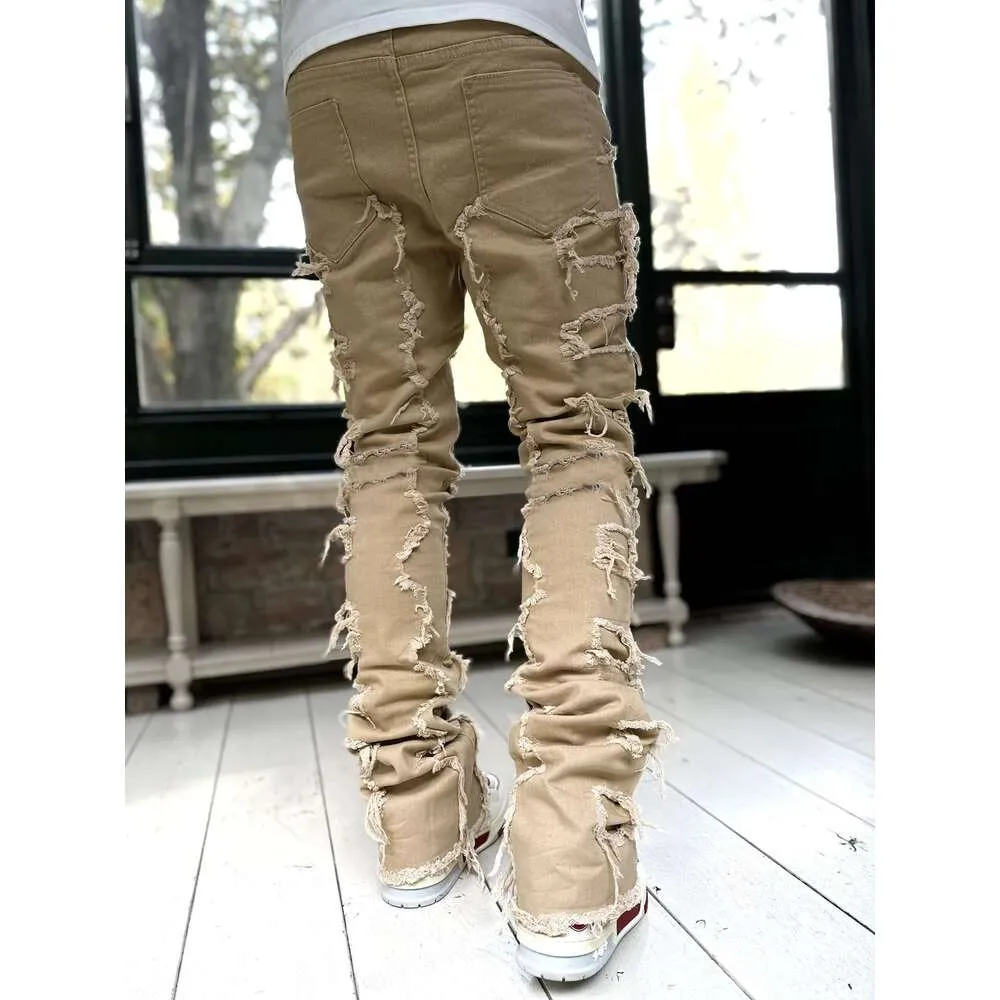 Pantalon droit en denim à patch élastique pour homme, nouvelle mode de rue_voghion.com