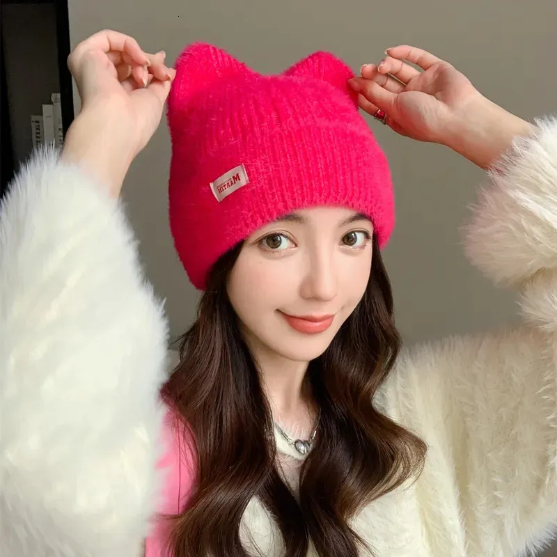 Ženske kape BeanieSkull, slatke mačje uši, zimska kapa s ušima, modna krznena pletena Kpop stila, mekane kape Beanie, ženske slatkiši_voghion.com