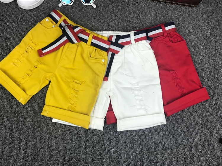 Mother&Kids Children's red, white and yellow shorts with belt 5 minutes shorts with stretch ripped pants_voghion.com