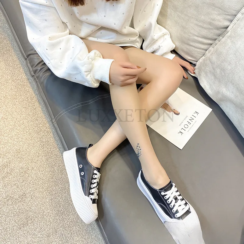 Genuine Leather Thick Sponge Cake Sole Canvas Shoe Mesh Surface For Comfortable Breathable Versatile Casual Board Shoes_voghion.com