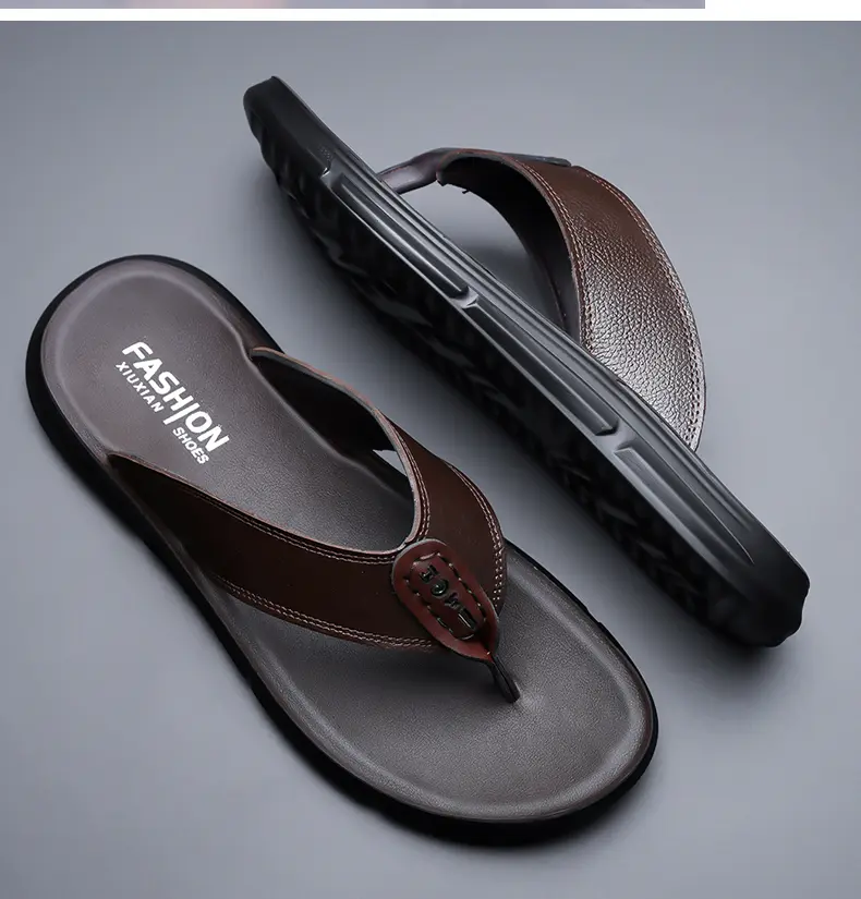 Sandálias de couro bovino de primeira camada, chinelos casuais de verão com estampa espinha de peixe, ideais para uso externo._voghion.com