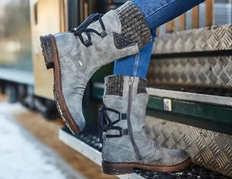 Women Retro Mid-Calf Ladies Fashion Snow Boots Shoes Thigh High Suede Warm Botas Wool knitted socks Martin shoes_voghion.com