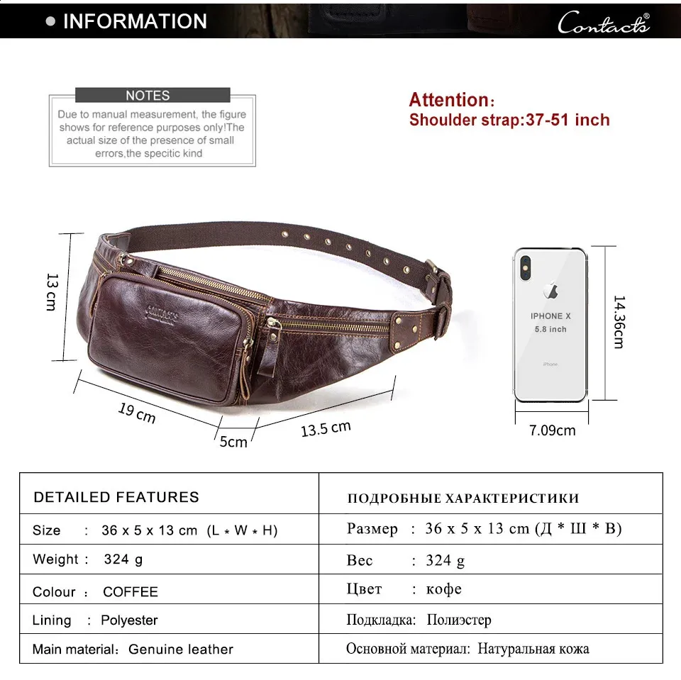 CONTACTS Rindsleder Herren Casual Kleine Gürteltasche für Handy und Kreditkarten Reise-Brusttasche 240829_voghion.com
