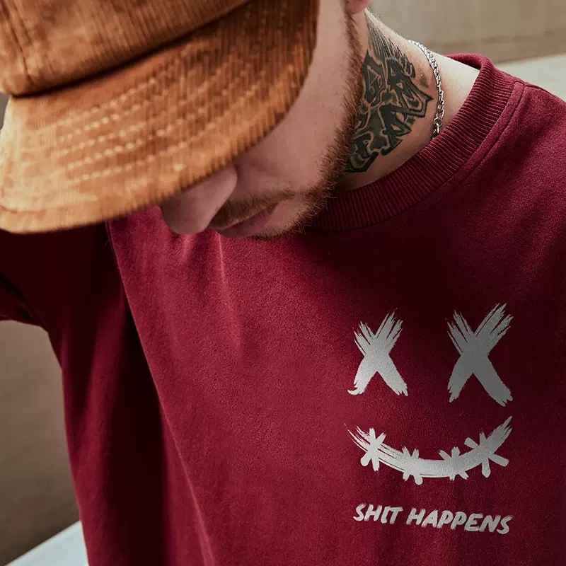 Îmbrăcăminte bărbătească Tricou cu mânecă scurtă pentru bărbați Stil nou Trend național Trend Brand Loose Smiley Face Trend național Fat Man Cu mânecă cu cinci puncte de vară_voghion.com