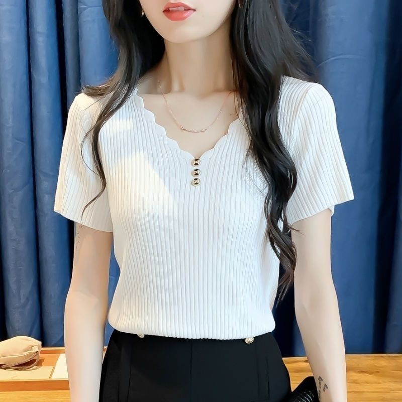 Ice Silk T-shirt Women's 2024 Summer New Slim Fit sleeved Korean V-neck Short Top Knitted Bottom_voghion.com