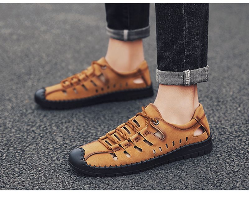 Sommer nye herresandaler, udendørs strand håndlavede hule åndbare fritidssko med hul, snørebånd indpakkede lædersko_voghion.com