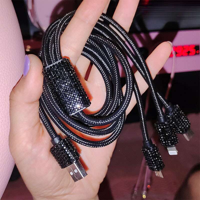 Elmas Gömülü Bir ila Üç Hızlı Şarj Veri Kablosu, Araba USB Çakmak, Cep Telefonu Şarj Cihazı_voghion.com