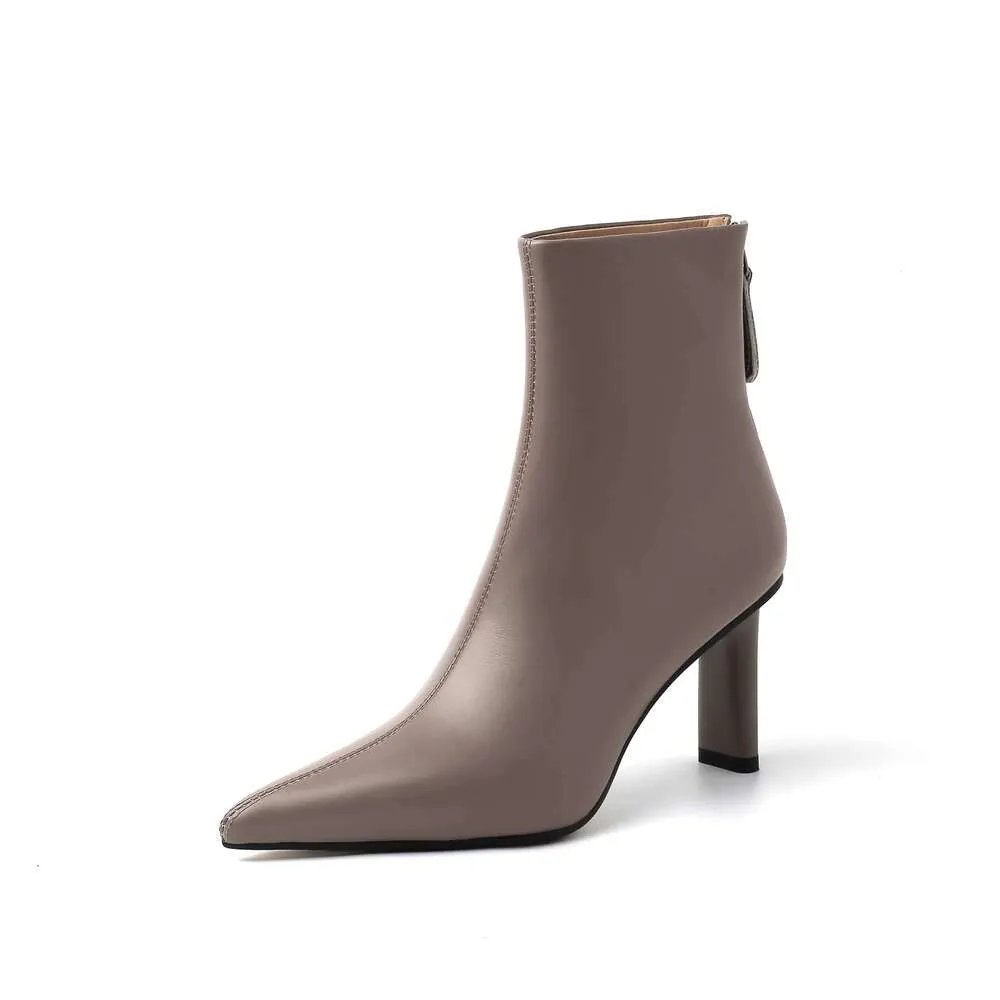 Cow Leather Pointed Toe High Heels Zipper Modern Warm Winter Shoes Concise Fashion Solid Elegant Ankle Boots_voghion.com
