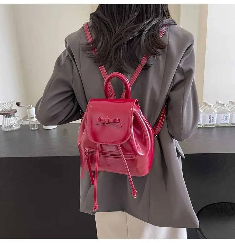 Mochila feminina sólida com aba e laços, mini bolsas de ombro, versátil, feminina, grande capacidade, bolsas de couro, casual, estudante_voghion.com