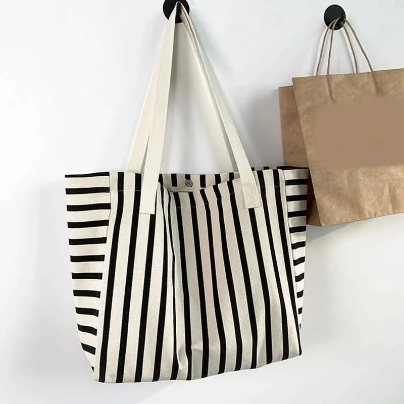 New Beach Handbag Fi Wen Canvas Summer Large Capacity Strip Shopping Bag Y241109_voghion.com
