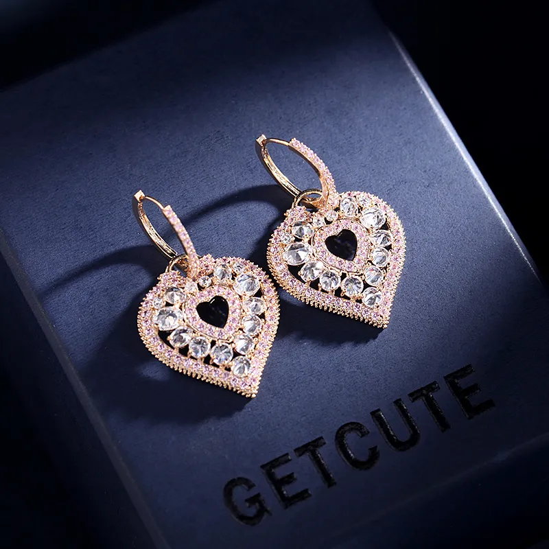 Shaped Earring Retro Colored Micro Inlaid Zircon Geometric Women's Fashion Heavy Industry Peach Heart Earrings Designer_voghion.com