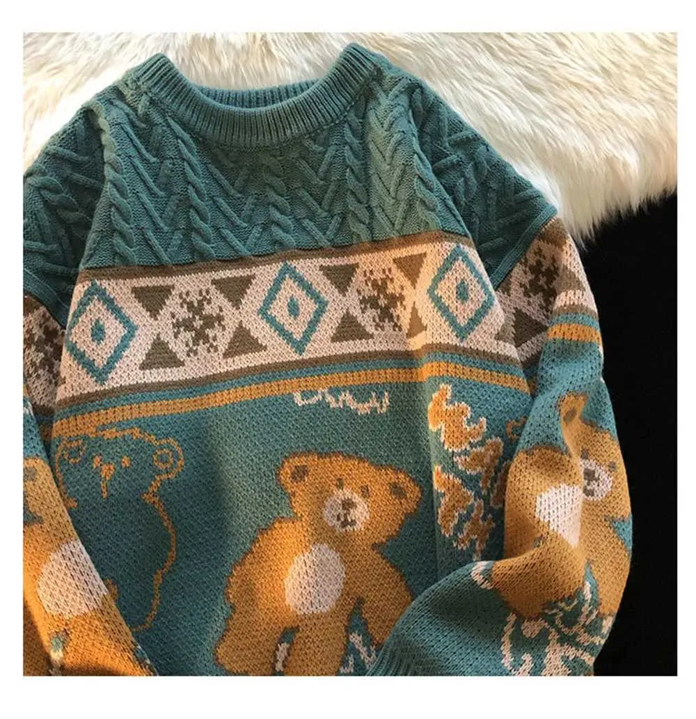 Niedlicher Bär Übergroßer Herren High Street Stricktop Herbstpullover Lose Haruku Kawaii Weiß Damen Paarpullover_voghion.com