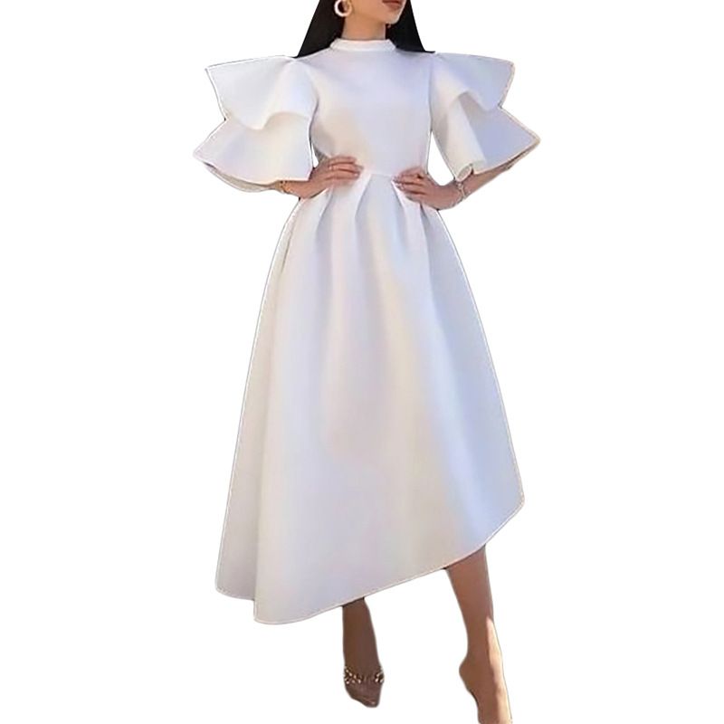 Damen Sommer neues doppellagiges Kleid mit Lotusblattärmeln, einfarbig, unregelmäßigem Rock_voghion.com