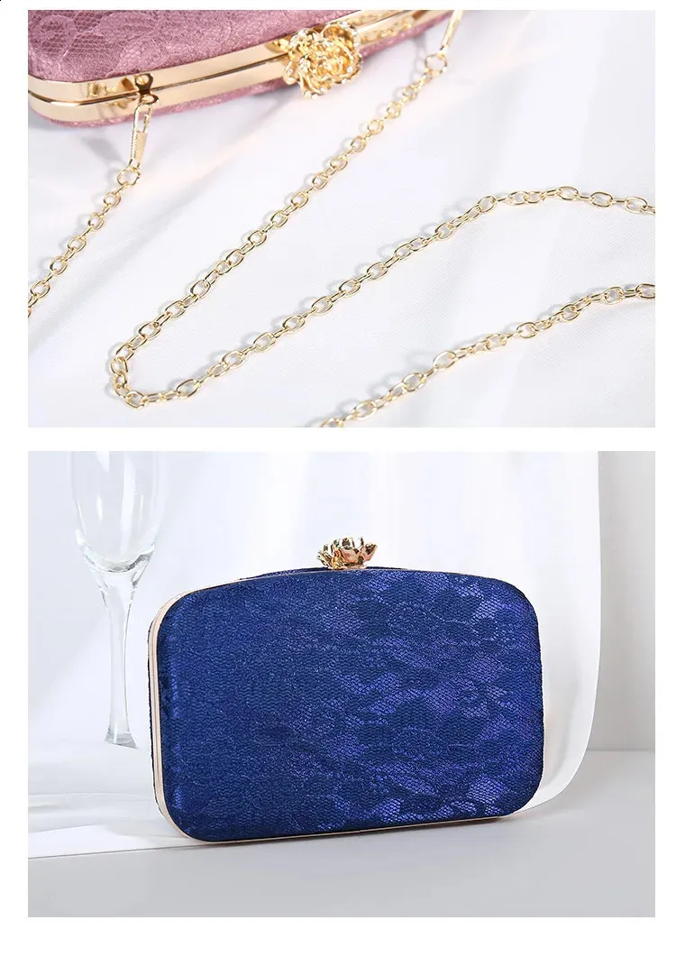 Damen Rosa Spitze Abend Clutch Handtasche Metall Rose Knopf Umhängetasche Kette Braut Geldbörse Bolsas 240827_voghion.com
