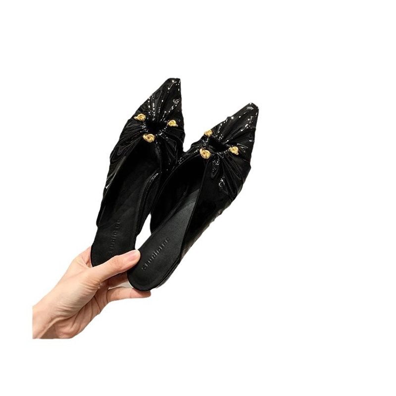 Grape Mom's Same Style Spring New Triangle Buckle Hollow Pointed Pleated Baotou Muller Half Slippers Women's Genuine_voghion.com