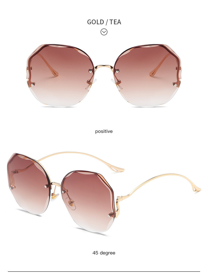 Nuovi occhiali da sole alla moda senza montatura per donna con aste curve in metallo deformato, occhiali da sole con protezione solare ripresi da celebrità di Internet._voghion.com