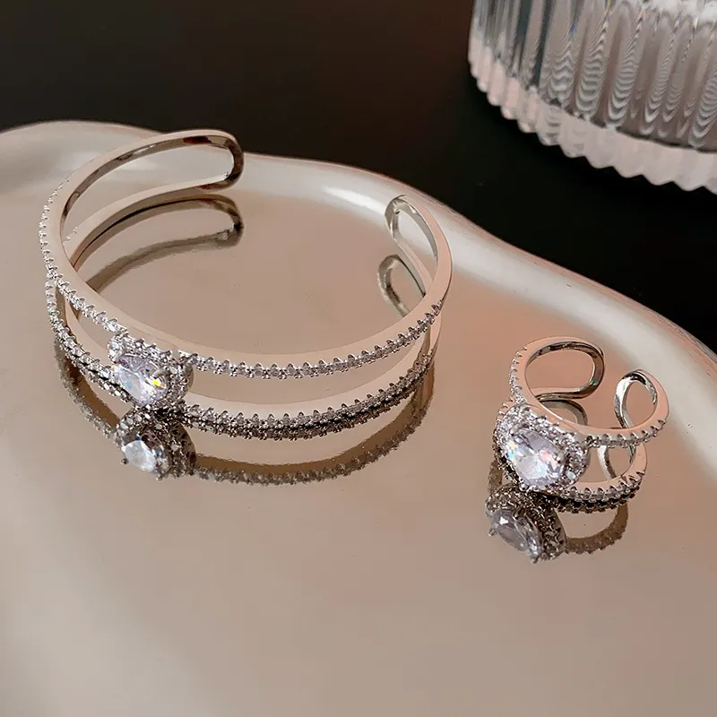 Heart Zirconia Bangle And Ring Set For Women Silver Colour_voghion.com