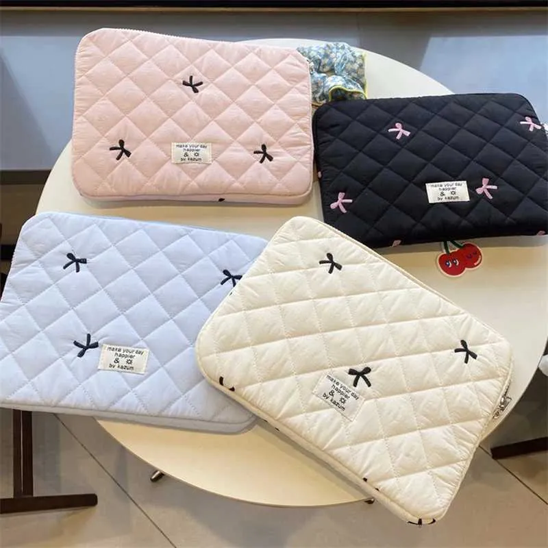 Cute Bow Embroidery Computer Bag Tablet Sleeve Case 11 13.3 14 15.6 Inch Women Laptop Sleeves for book Ipad HP_voghion.com
