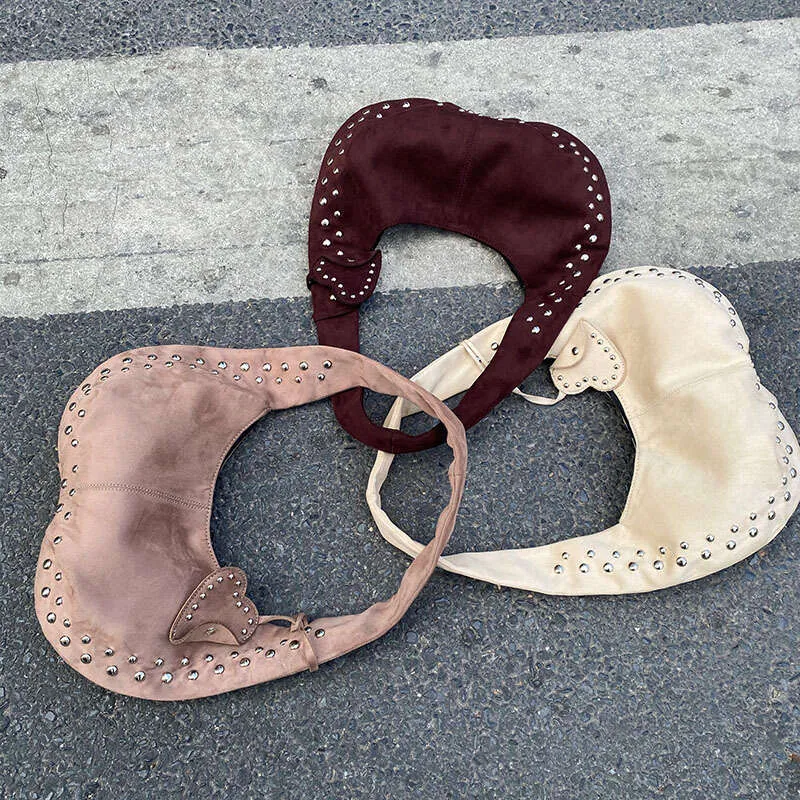 Geantă de umăr decorativă Retro Nit nouă, geantă europeană și americană pentru motocicletă, geantă de mână din piele Nubuck Armpit pentru femei_voghion.com