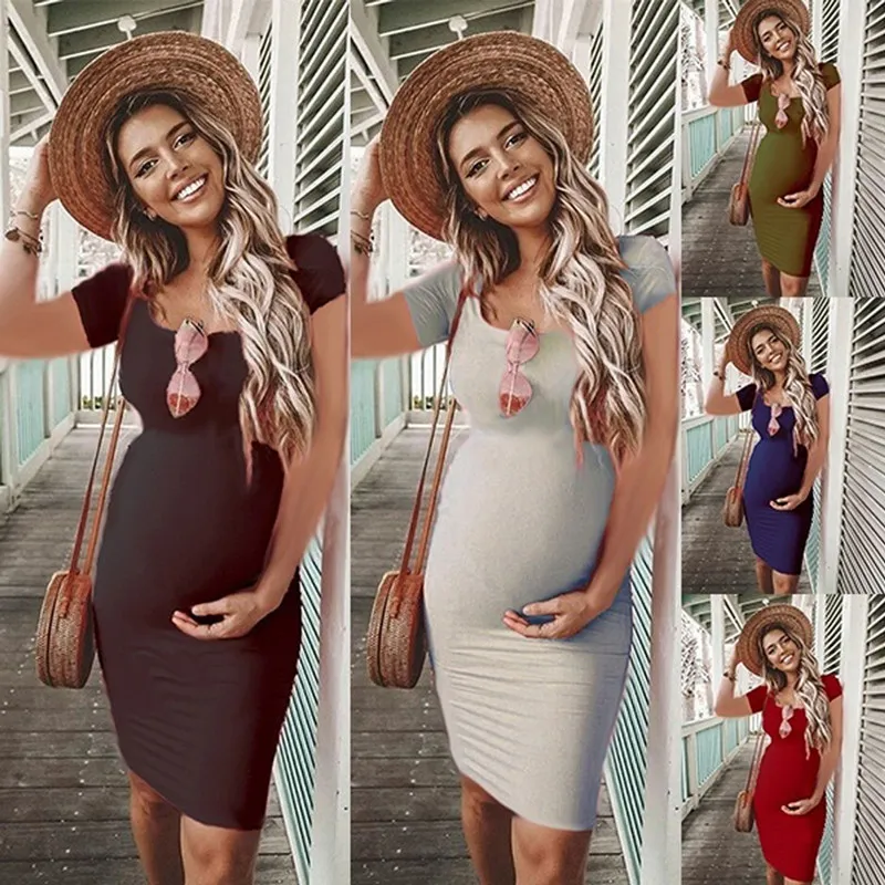 bunvel Summer Bodycon Pregnant Women Sundresses Solid Maternity Clothes Short Sleeve Pregnancy Dresses Premama Wear_voghion.com