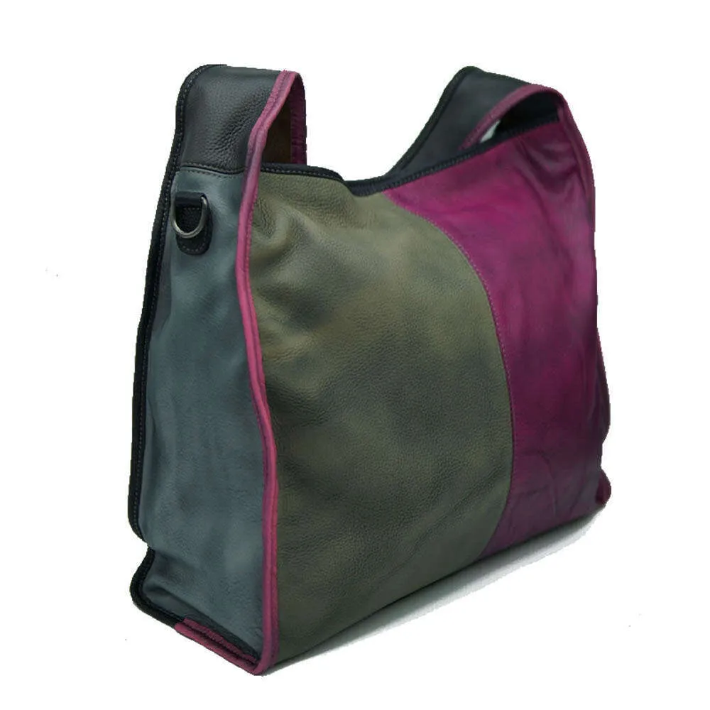 MS Retro Style Genuine Leather Handbag Donna Vacchetta Patchwork Fatto a Mano Spazzola Grande Capacità Hobos Borsa a Tracolla Capiente_voghion.com