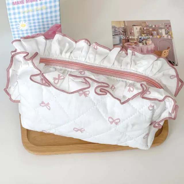 Korea Bow Print Damen Make-up Große Kapazität Tragbare Kosmetiktasche für Reisetoilettenartikel Gekräuselte Kante Kosmetikaufbewahrung_voghion.com