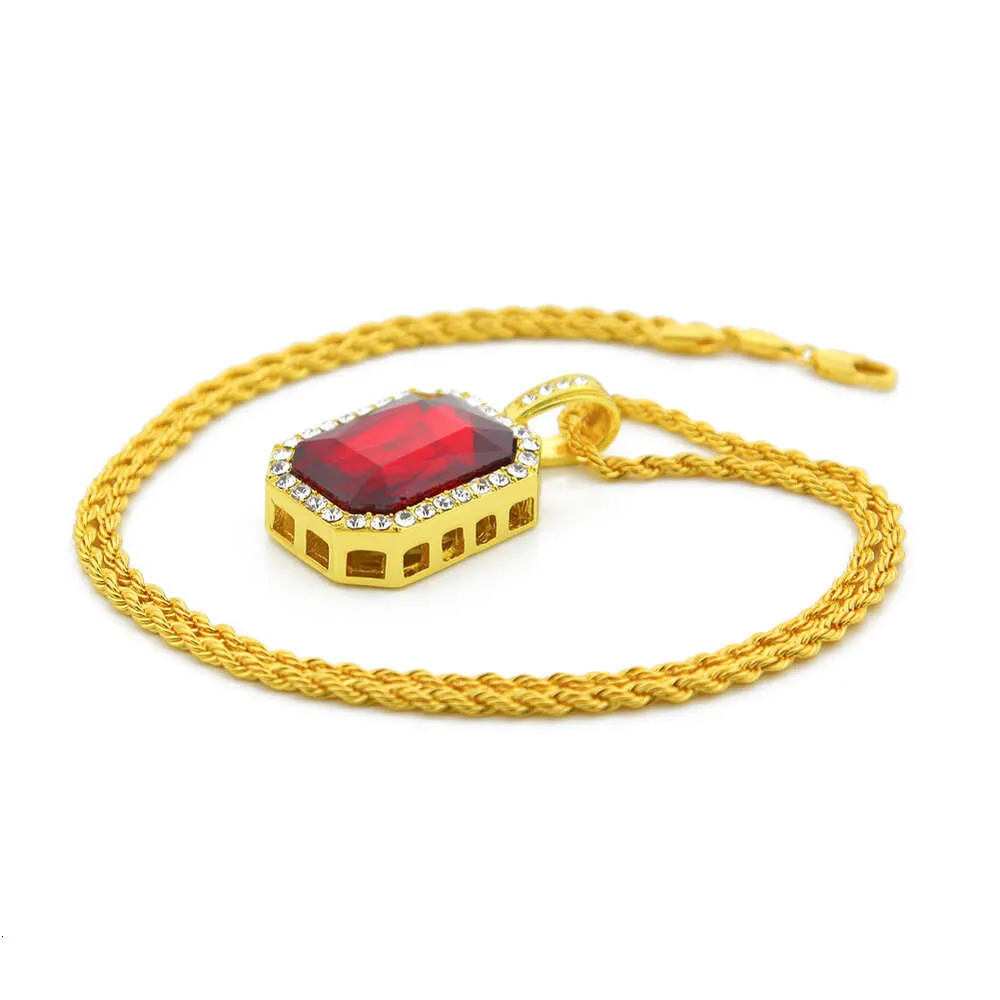 Hip Hop Diamond Square 4.5 * 2.5 Red Alloy Pendant Hiphop Men's Necklace_voghion.com