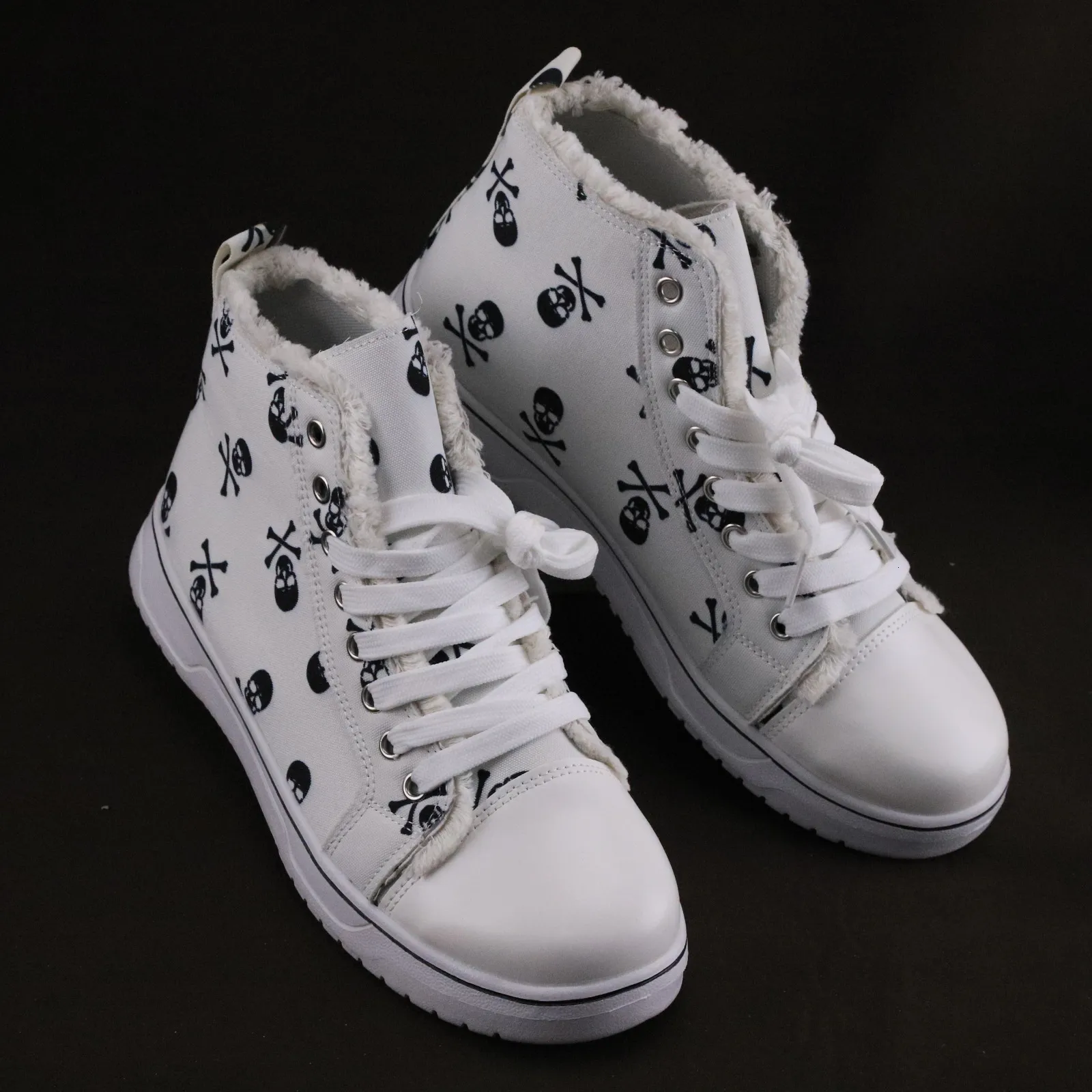 Grote Halloween schedelbot 3D geprinte hoge veterschoenen van canvas, platte bodem boardschoenen voor dames_voghion.com