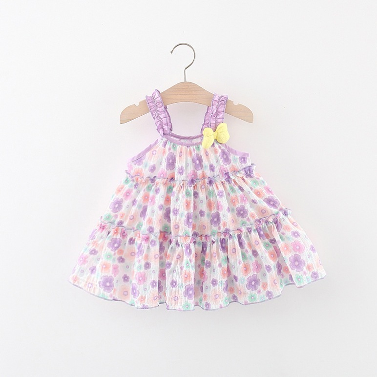Neues Sommerkleid für Mädchen, rosa, Strand, lässig, bequem, mit Riemen, fragmentiertes Blumenkleid, Fliege, Netz, gefaltetes Strandkleid_voghion.com