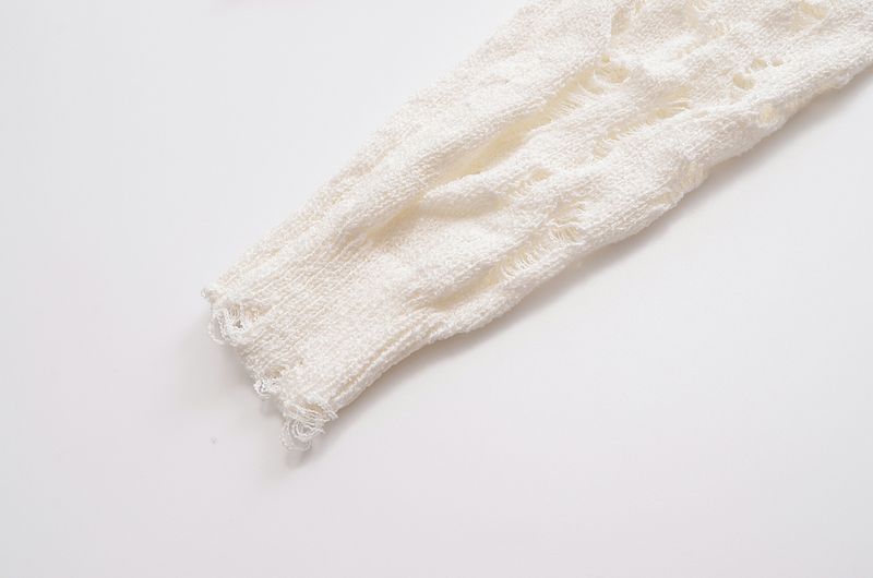 Women's white V-neck holes to do old sweater coat routine hollow-out single-breasted long-sleeved cardigan_voghion.com