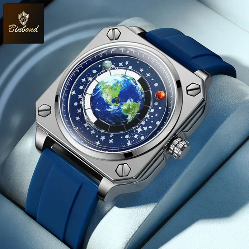 Men's Quartz Watch Rotating Earth Dial Creative Blue Planet Design_voghion.com