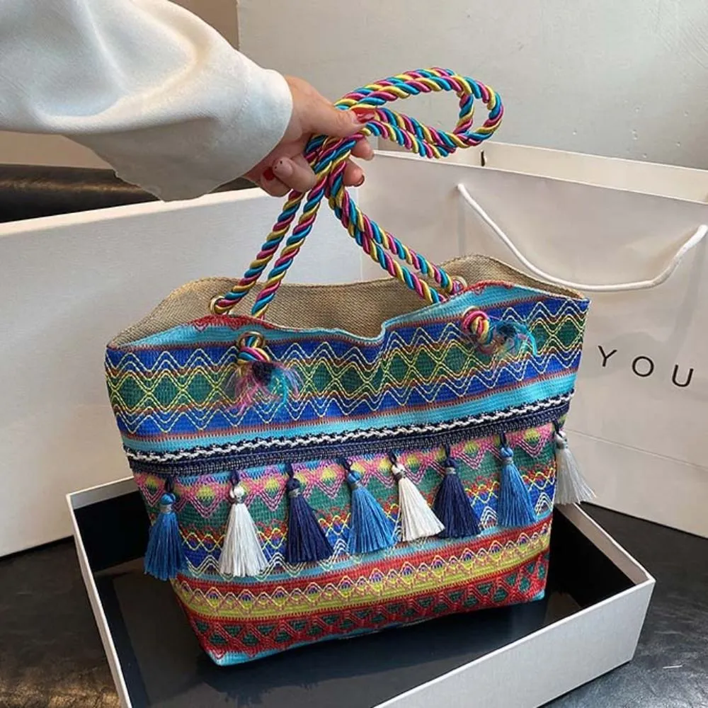 Stripe Ethnic Shoulder Tassel Large Capacity Canvas Colorful Handbag Travel Storage Bag Korean Style_voghion.com
