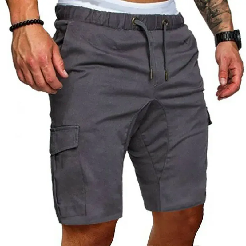 Hot Mens Summer Casual Shorts Solid Color Pocket Gym Sport Running Workout Cargo Jogger Trousers Black Navy Blue Khaki_voghion.com