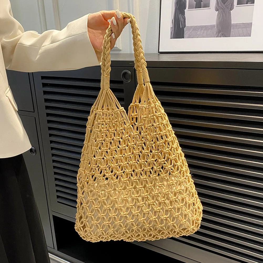 Borsa a tracolla leggera estiva alla moda in rete traforata da donna, in tessuto intrecciato, di alta qualità, grande, per la spiaggia delle donne_voghion.com
