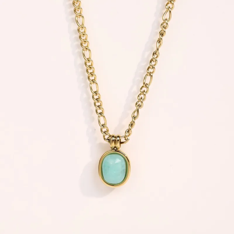 Colliers pendentifs rétro mode vert menthe pierre naturelle romaine ovale chaîne de clavicule bijoux exquis en acier inoxydable_voghion.com