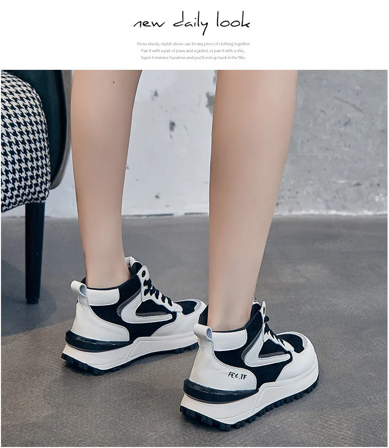 Genuine Leather Sneakers For Women Mixed Color Platform Casual Autumn Winter Warm Plush High Top Sports Shoes_voghion.com