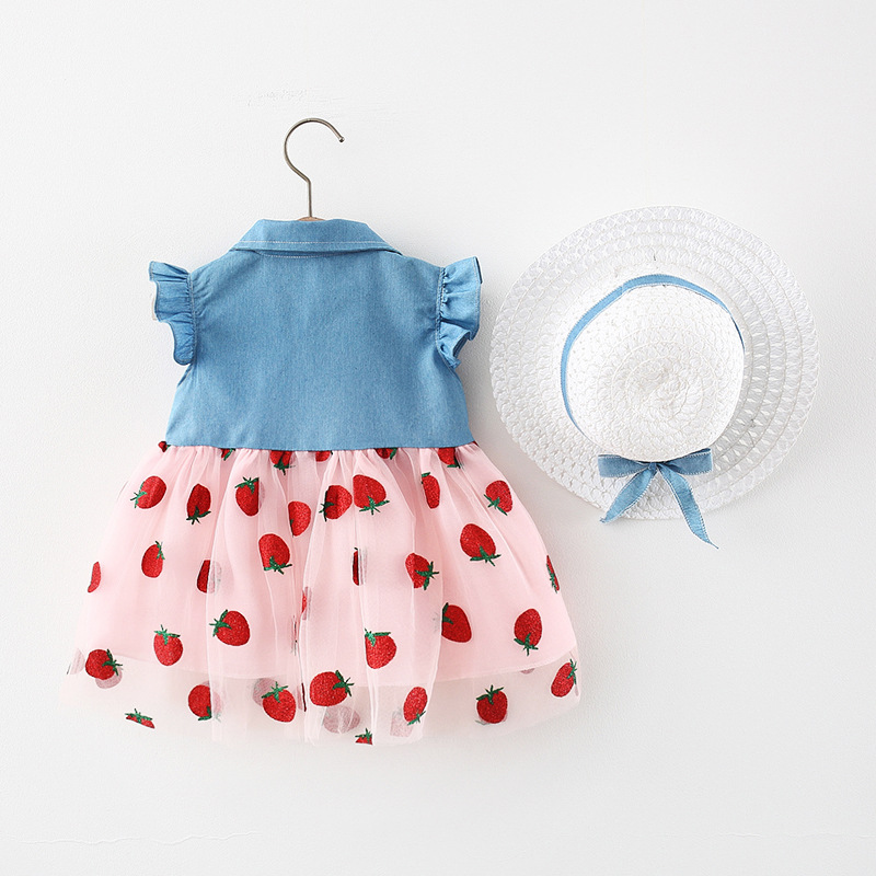 Neugeborenen Kleid Sommer Prinzessin Kleid Koreanischen Stil Erdbeere Stickerei Mesh Bowknot Denim Kleid Kinder Kleidung Senden Hut_voghion.com