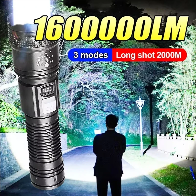 Lampe torche LED ultra-lumineuse 1600000 LM rechargeable par USB, longue portée, étanche, pour le camping et la pêche._voghion.com