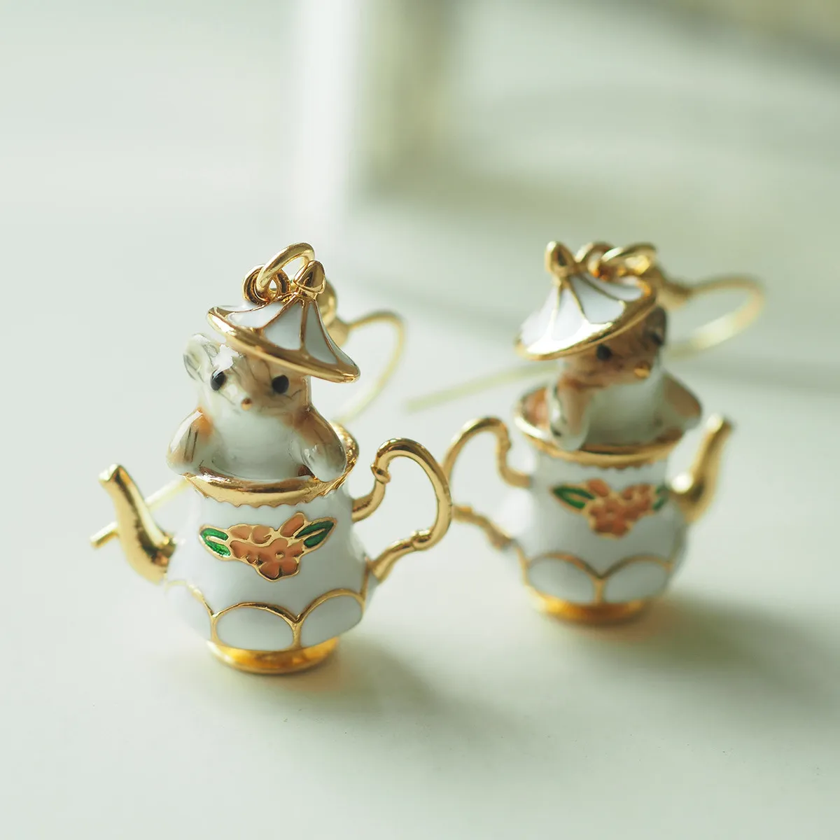 Lovely Cartoon Tea Cup Chipmunk Designer Earrings Necklaces Jewelry Set For Women Girls Cute Mouse Retro Vintage Gold_voghion.com