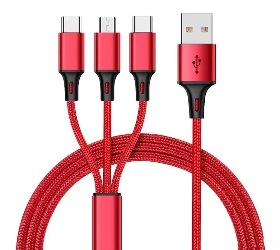 1 Meters 2m 3-in-1 Data Copper Core Nylon Braided Anti-stretch Multi-port Android V8 Type C 2a Fast Charge Mobile Phone_voghion.com