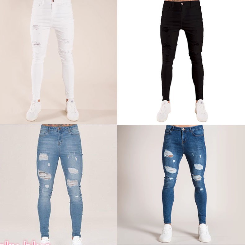 Station nuevos pantalones de hombre con agujeros, pantalones vaqueros deshilachados de moda ajustados negros pantalones de hombre de una pieza envío directo