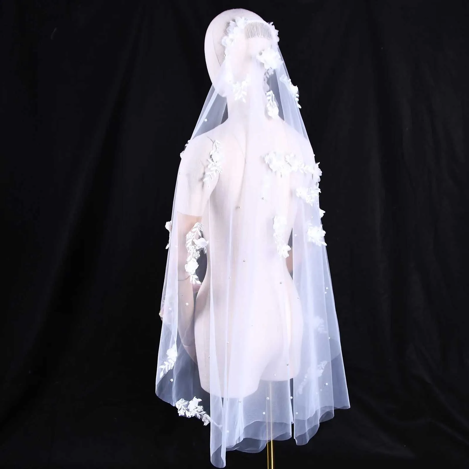 Hair Jewelry Elegance 3D Flowers Bridal Veil 1 Meters Short Veu Wedding Dresses Accessories with Organza Flower Voile_voghion.com