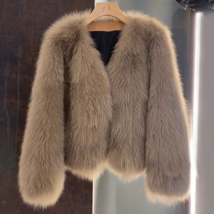 Trendy Women’s Faux Fox Fur Coat, V-Neck Elegant Blouse, Winter Casual & Office Wear In Milk Tea, Cocoa & Black