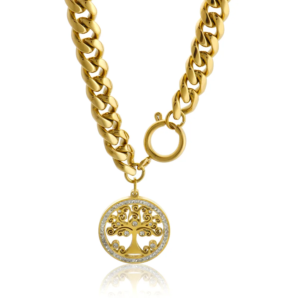 Baum Des Lebens Statement Kette Gold Edelstahl Chunky Halskette_voghion.com