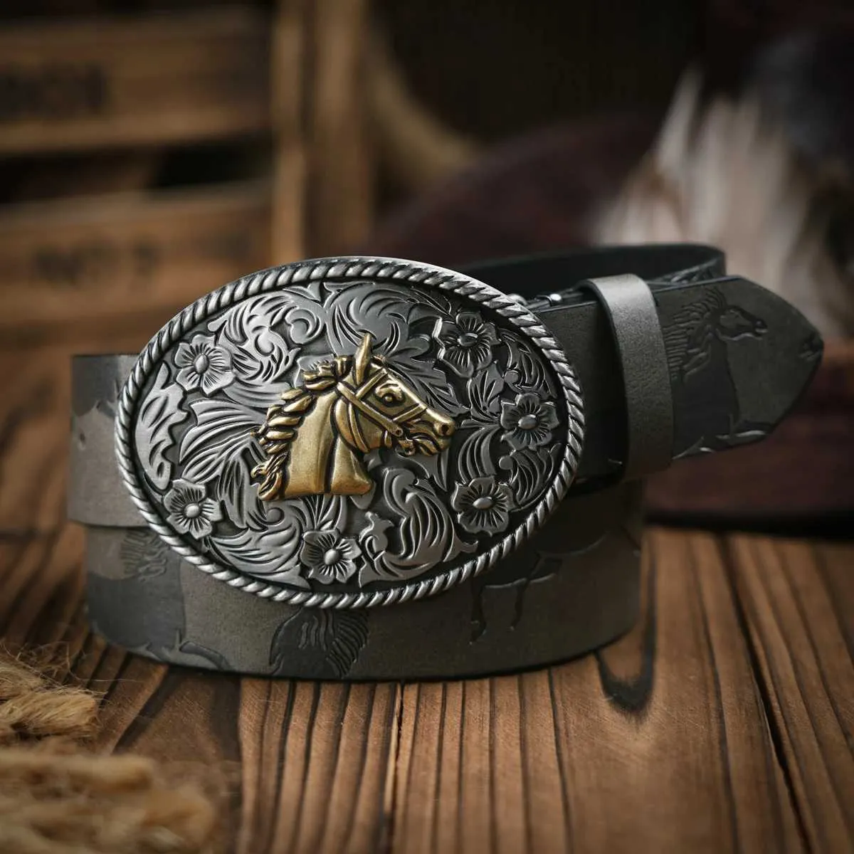 Western Cowboy Ledergürtel Pferdemuster Blumengravur Schnalle Gürtel Für Männer Z250530_voghion.com
